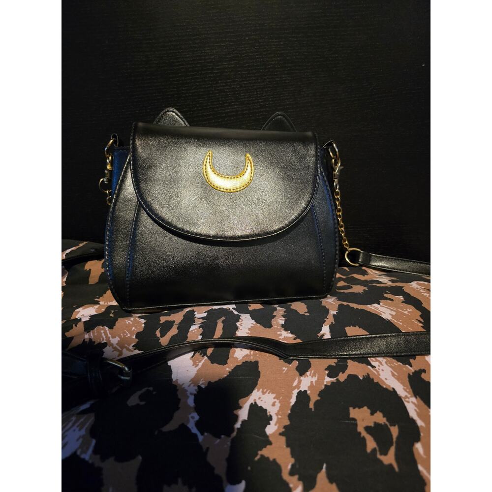 Black Sailor Moon cat crossbody purse faux leather gold moon small